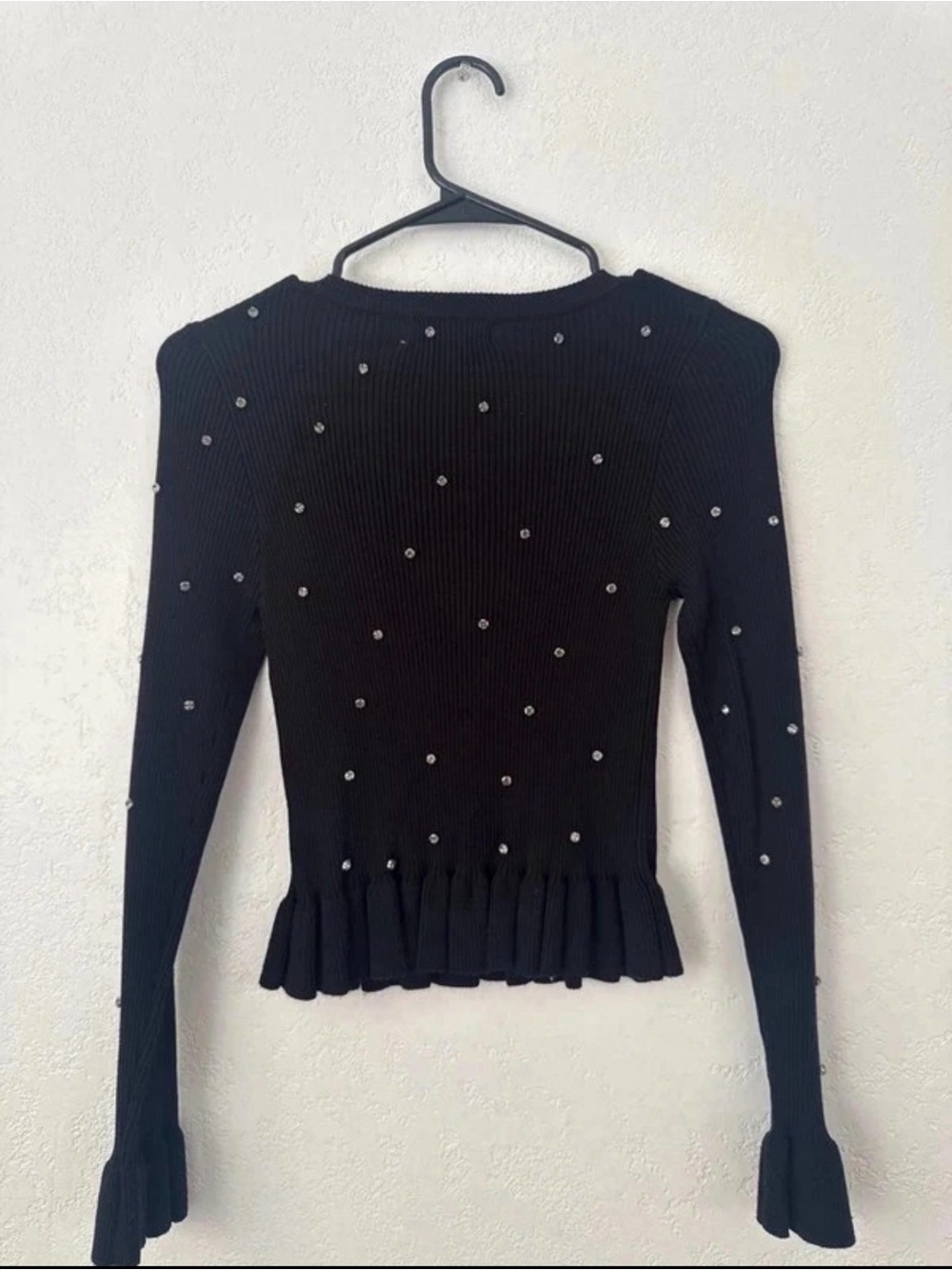 Black Embellished Ruffle-Hem Long-Sleeve Top
